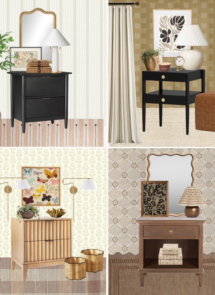 Collage of four stylish nightstands showcasing different designs: a modern black wooden nightstand with clean lines, a dark and moody nightstand with two drawers, a light wood nightstand with fluted accents on the front drawers and an open-shelf nightstand with a basket underneath, each offering unique bedroom decor ideas.