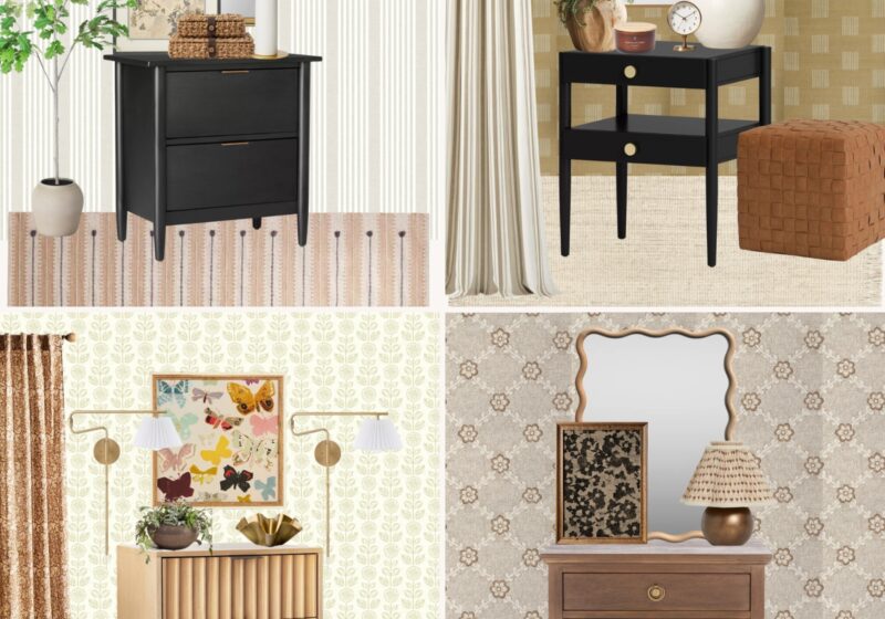 Collage of four stylish nightstands showcasing different designs: a modern black wooden nightstand with clean lines, a dark and moody nightstand with two drawers, a light wood nightstand with fluted accents on the front drawers and an open-shelf nightstand with a basket underneath, each offering unique bedroom decor ideas.