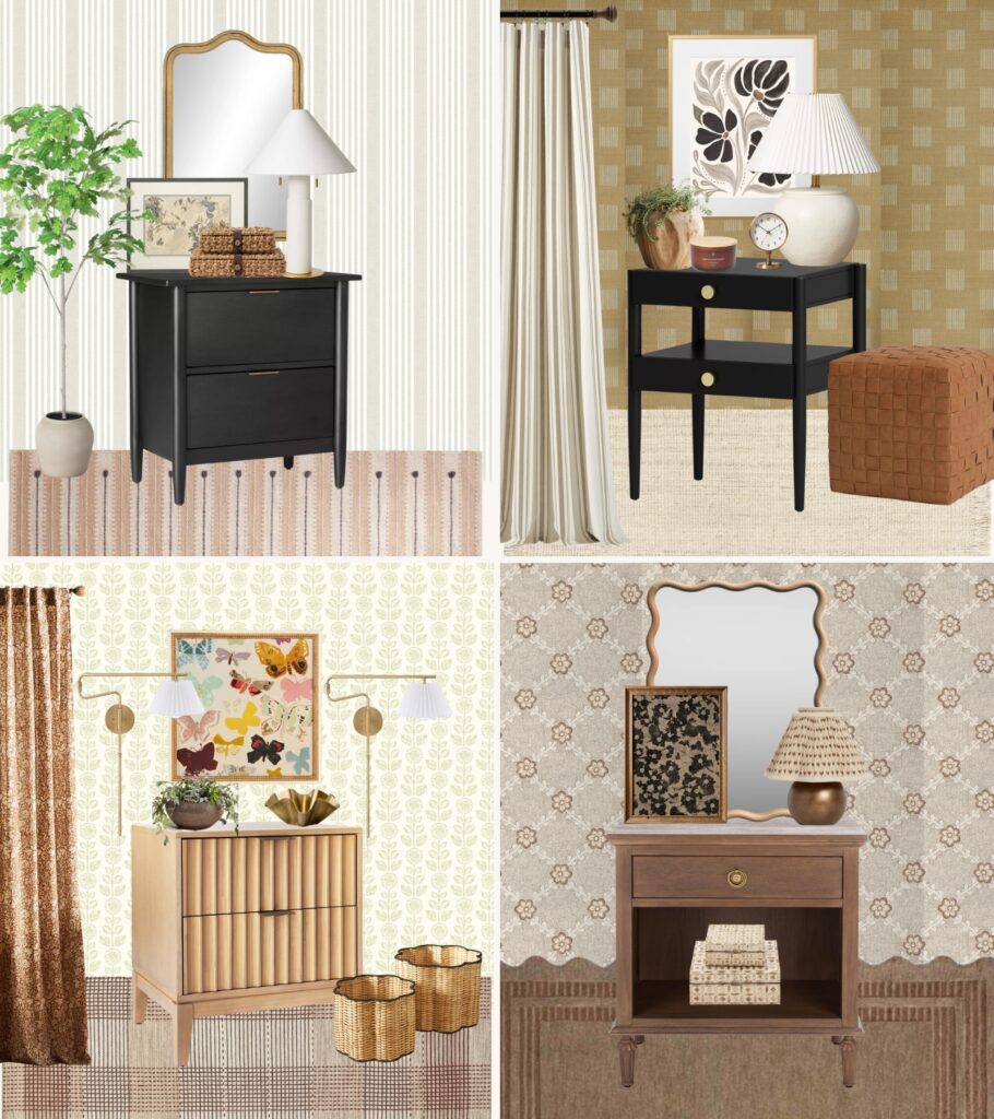 Collage of four stylish nightstands showcasing different designs: a modern black wooden nightstand with clean lines, a dark and moody nightstand with two drawers, a light wood nightstand with fluted accents on the front drawers and an open-shelf nightstand with a basket underneath, each offering unique bedroom decor ideas.