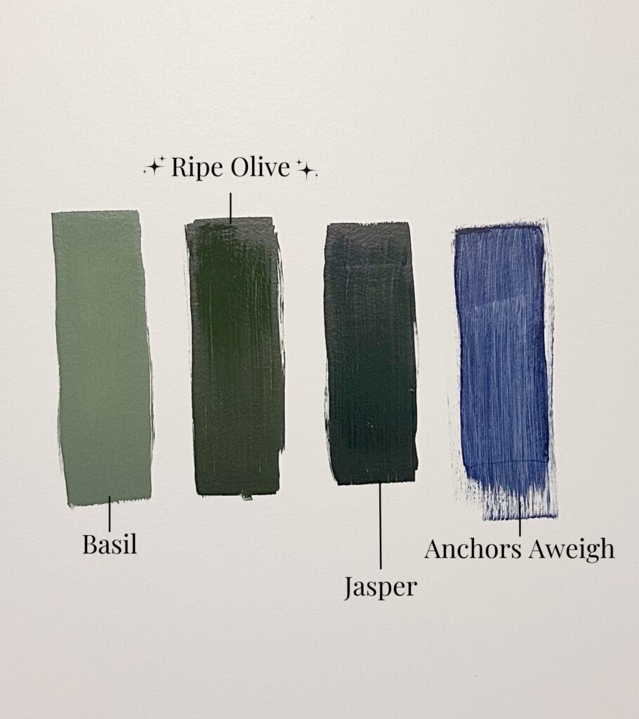 Sherwin William green paint swatches on wall