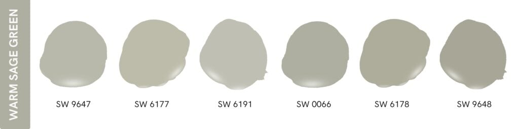 Six different Sherwin William sage green paint swatches options all with a slight warm undertone.